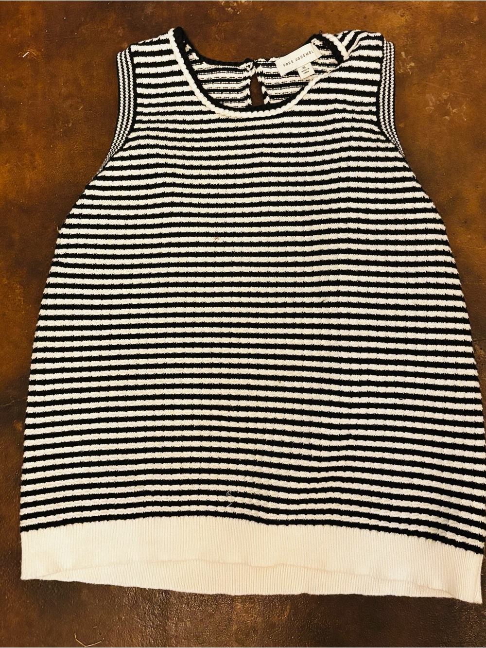Free Assembly Crochet Knit Black White Striped Tank Top Round Neck Button XL